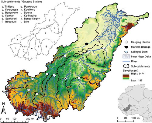 Figure 1. The Upper Niger Catchment and the Inner Niger Delta. The sub-catchments and their downstream gauging stations for which separate sub-models were developed are indicated.