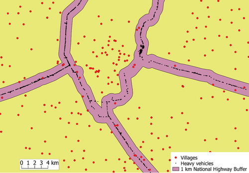 Figure 2. Snapshot of geocoded heavy vehicles and villages along with 1 km buffer around National Highways.