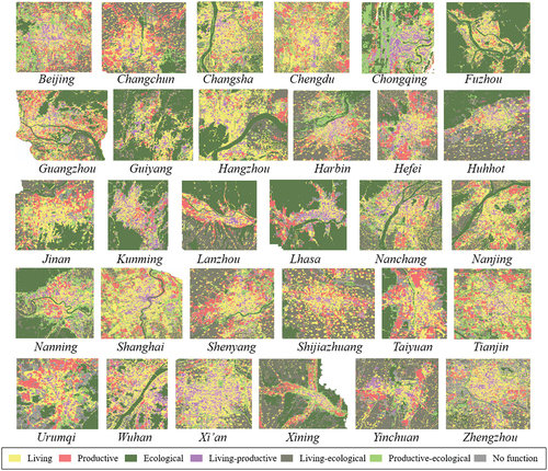 Figure 6. Land-functional-zone mapping results of 30 cities’ urban areas in 2020.