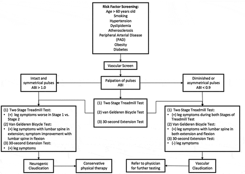 Figure 3. Clinical decision-making for differential diagnosis of neurogenic versus vascular claudication for patients with complaints of lower extremity pain and risk factors for peripheral vascular disease (ABI = Ankle-Brachial Index).