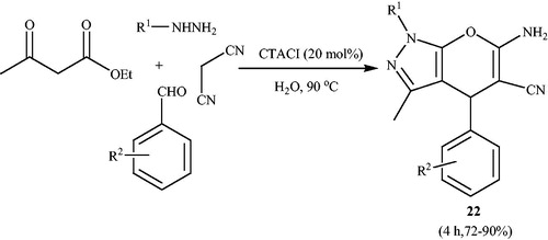 Scheme 32. Preparation of 6-amino-3-methyl-4-aryl-/1-phenyl-1,4-dihydropyrano[2,3-c]pyrazole-5-carbonitriles using cetyltrimethylammonium chloride (CTACl).