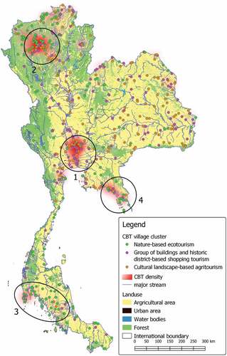 Figure 8. Location of tourism communities. Base map: Thailand land use from Landsat TM satellite image in 2000 (Royal Forest Department of Thailand, Citation2001).