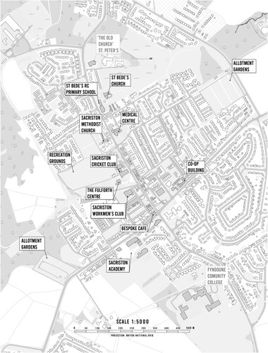 Figure 3. Social infrastructure in Sacriston, County Durham, UK, 2022.Scale = 1:5000.Source: Digimap Ordnance Survey, https://digimap.edina.ac.uk/os (downloaded on 28 September 2021) (adapted by the authors).