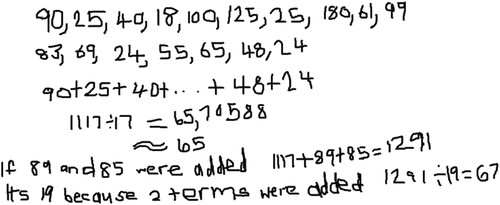 Figure 6. Response of student S84 to Task 2, struggling to generate 17 numbers whose mean was 65