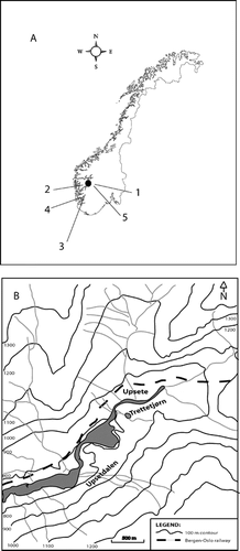 Figure 1 (A) Map of Norway with Trettetjørn indicated by the black circle and the areas mentioned in the text, 1  =  Hardangervidda, 2  =  Ulvik, 3  =  Folgefonna, 4  =  Vestre Øykjamyrtjørn, 5  =  Hardangerjøkulen and Finse.(B) Map of Trettetjørn and the catchment area.