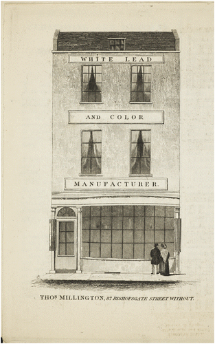 Figure 2. Empty Windows at Thomas Millington, White Lead and Colour Manufacturer, Bishopsgate Street. Tallis’s London Street Views, number 51. Courtesy, The Lilly Library, Indiana University, Bloomington, Indiana.