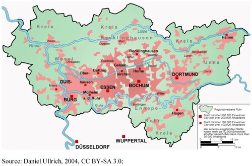 Figure 2. Urban structures of the Ruhr Metropolitan Region – all cities with more than 50,000 inhabitants.Source: https://de.wikipedia.org/wiki/Ruhrgebiet#/media/Datei:Ruhr_area-map.png