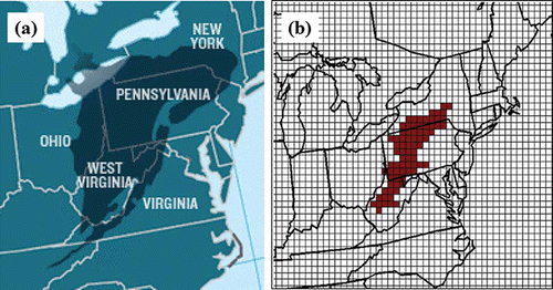Figure 2. (a) Map of the Marcellus region (USGS, 2009) and (b) subregion covered by the new inventory.
