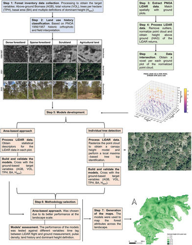 Figure 2. General overview of the methodologies applied in this study. In blue, are the method steps that involve ground data, in green are the steps that involve LiDAR data and in orange are the steps that involve both.