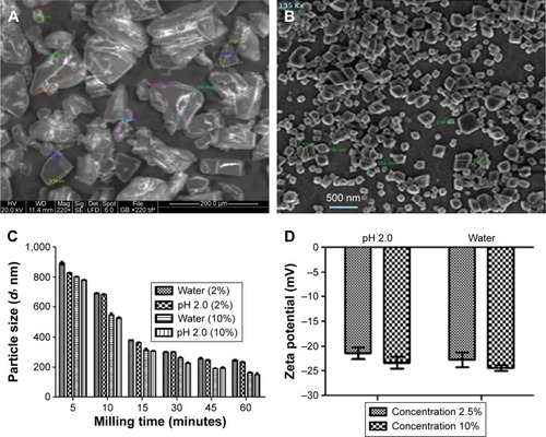 Figure 2 Scanning electron micrographs of unprocessed ARTM (A); transmission electron micrographs of ARTM nanocrystals (B); impact of milling time on particle size reduction (C); and Zeta potential values of different ARTM nanocrystals (D).