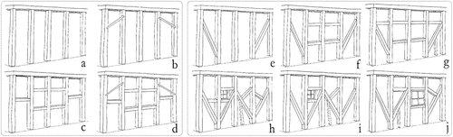Figure 3. Classification of different geometric variants, from left to right: group of simple geometries (V (a), V with braces (b), V + H (c), V + H with braces (d)) and group of complex geometries (V + D (e), V + H + D (f), V + H + X (g), V + X (h), V + X + D (i), V + H + D + X (j)).