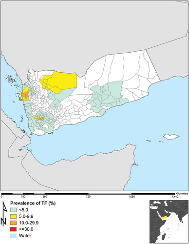 Figure 1. Evaluation unit-level prevalence of trachomatous inflammation—follicular (TF) in 1–9-year-olds, global trachoma mapping project, Yemen, 2013–2015. Internal boundaries represent districts.
