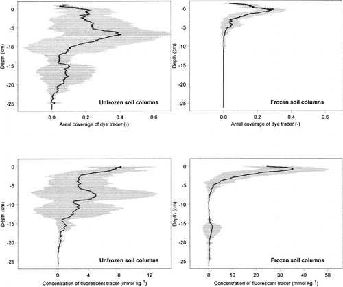 FIGURE 10. Depth distribution of areal coverage of pixels stained with the dye tracer (top) and fluorescent tracer concentration (bottom): mean ± standard deviation for the 2 unfrozen soil columns (left) and the 2 frozen columns (right)