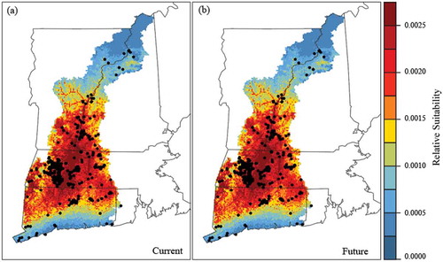 Figure 5. Relative suitability predictions for glossy buckthorn with the observed 2006 (a) and the predicted 2026 (b) land use/cover maps in Long Island Sound Watersheds. Black points indicate the known occurrence locations of glossy buckthorn.