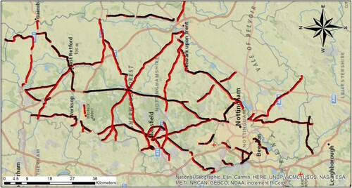 Figure 2. A map showing the study area and the road sections used in this study (The shown points represent the scanned road sections; bridges, roundabouts, and intersections were not included in the survey).