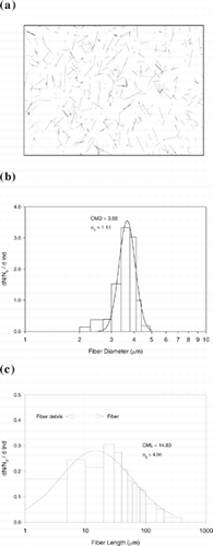 Figure 2 Characteristics of carbon fibers: (a) microscopic view, (b) diameter, and (c) length distribution.
