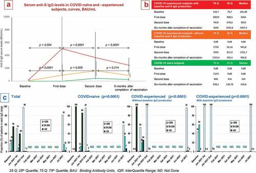 Figure 1. a&b: Serum anti-S1/S2 IgG levels in response to 1st and 2nd doses of the BNT162b2 vaccine and 6-months after completion of vaccination, BAU/mL, median value ± IQR. c: proportion of patients by serum level range groups (>208, 39–208 and <39 BAU/mL) at baseline, 1st and 2nd doses and 6-months later.