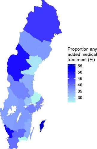 Figure 1. Proportion of men with de novo metastatic castration sensitive prostate cancer in NPCR who received additional medical treatment; docetaxel, abiraterone, enzalutamide, or apalutamide together with androgen deprivation therapy. Data from NPCR and the Prescribed Drug Register on drug treatment delivered within six months from date of diagnosis for men with de novo metastatic castration sensitive prostate cancer diagnosed between 1 July 2018 and 31 March 2022.