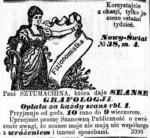 Figure 2. Polish advertisement for the graphologist and physiognomist Madam Sztumachina. Kurjer Warszawski, 10 May 1900, 4.