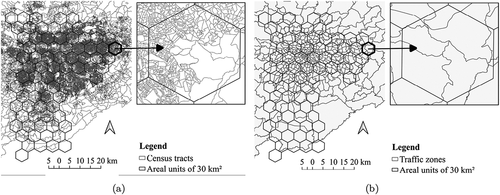 Figure 4. Polygonal overlay problem between the areal units of 30 km2 and (a) census tracts and (b) traffic zones