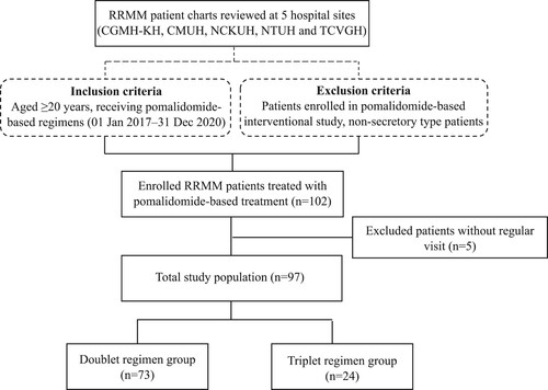 Figure 1. Study design flowchart. Notes: CGMH-KH, Chang Gung Memorial Hospital – Kaohsiung; CMUH, China Medical University Hospital; NCKUH, National Cheng Kung University Hospital; NTUH, National Taiwan University Hospital; RRMM, relapsed/refractory multiple myeloma; TCVGH, Taichung Veterans General Hospital.