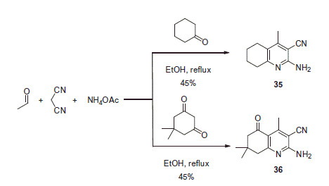 Scheme 15. Multicomponent synthesis of 2-amino-nicotinonitriles 35 and 36.