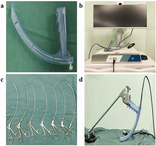 Figure 1. Curved laryngoscope customized with medical plastic materials (a). Curved video SL system connected to a video camera and LCD monitor (b). A set of curved instruments designed by us (c). Available instrument holder was connected with the anatomically shaped curved video laryngoscope (d).