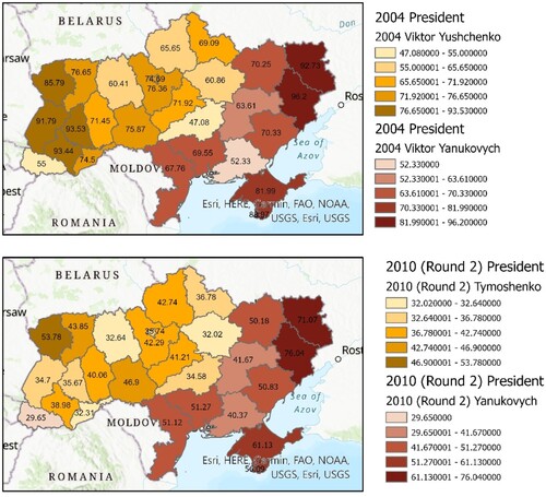 Figure 3. Ukrainian 2004 and 2010 presidential elections.Notes: The figures refer to the share of votes for the candidate receiving the largest share in each area. The reddish tones refer to places where Yanukovych came first.Source: Office for Democratic Institutions and Human Rights (ODIHR). www.osce.org/odhir.