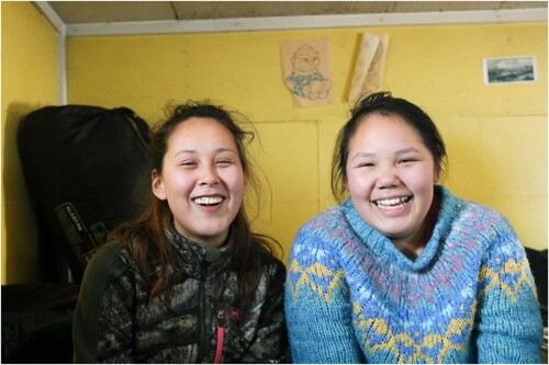 Figure 2. Pond Inlet youth, Lynn Angnatsiak and Cara Killiktee, discuss their research interest during a land-based workshop in 2018. Both agreed to have their photo included in this paper.
