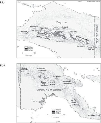 FIGURE 2. Extent of subalpine and alpine habitats in (a) Papua province and (b) Papua New Guinea.