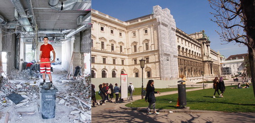 Figure 4. Milan Mijalkovic ‘Worker with Sledgehammer’ from the series ‘Workers’ (2015) [left] (c) 2015 Milan Mijalkovic. Ongoing restoration work on the Neue Burg using whitewash mixtures, with the unrestored facade partly visible on the ground floor (2017) [right]. Photograph by author.