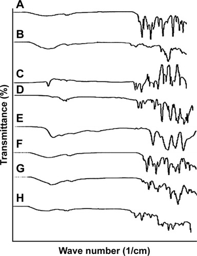 Figure 2 FTIR spectra of (A) RST calcium, (B) β-cyclodextrin, (C) MBA, (D) AMPS, (E) APS, (F) physical mixture of β-CD and RST calcium, (G) physical mixture of RST, APS, AMPS and MBA, (H) hydrogel microparticles.