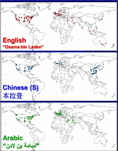 Figure 8. The global distribution patterns of the keyword search ‘Osama bin Laden’ in three different languages (English, Chinese (simplified), and Arabic).