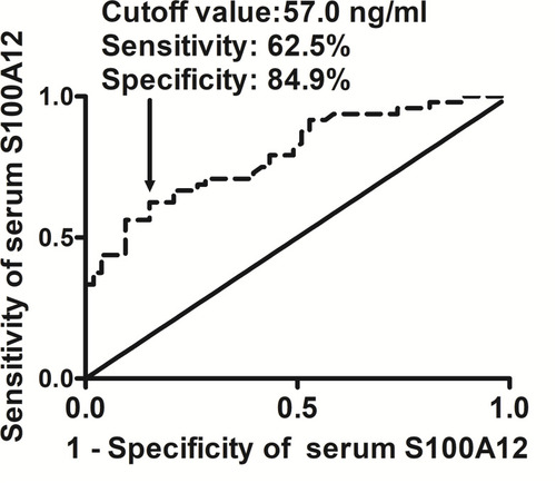 Figure 7 Analysis with respect to predictive ability of serum S100A12 levels for 3-month poor outcome after acute intracerebral hemorrhage. Discriminatory capability was evaluated using receiver operating characteristic curve analysis. A poor outcome was referred to as modified Rankin scale score above 2.