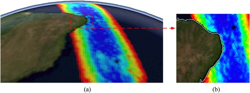 Figure 22. Visualizing rectangular pixel OS data using WorldWind. (a) Global view. (b) Local view.