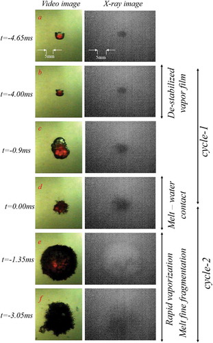 Figure 5. Simultaneous images of videography and X-ray radiography recorded for a single droplet of WO3-CaO undergoing explosion in water (Mmelt ≈ 1.2 g, ∆Tsup ≈ 116 K, and ∆Tsub ≈ 77 K).