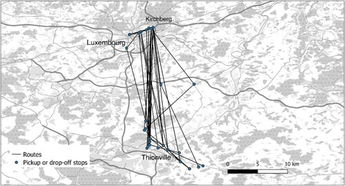 Figure 4. Kussbus operating routes from Thionville to Luxembourg City.