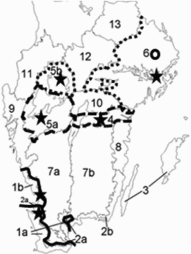 Figure 3. Regional areas of the scenario studies in Sweden. Areas enclosed by solid, dashed and dotted lines are regions South, Central and North, respectively, including areas within latitudes from 55°20′ to 60°40′N (ca 580 km), and longitudes from 12°00′ to 18°40′E. Stars are network climate stations used. (Background map is taken from Johnsson et al. Citation2008; figures refer to the 18 Swedish production regions (P18) used in the national assessments; see text.) Region North consist of sub-regions NorthWest (5b) and NorthEast (6). The open circle in sub-region NorthEast is the Uppsala site (see Discussion).