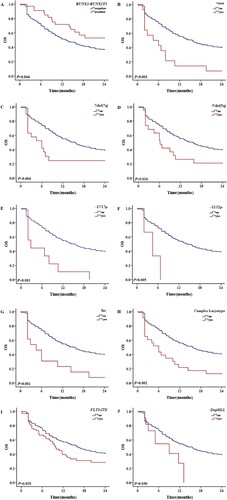 Figure 4. The 2-year OS with different prognostic factors for all patient. A: OS of patients with and without RUNX1-RUNX1T1 gene fusion. B: OS of patients with and without + mar karyotypes. C: OS of patients with and without – 7/del (7q) karyotype. D: OS of patients with and without – 5/del (5q) karyotype. E: OS of patients with and without – 17/17p karyotype. F: OS of patients with and without – 12/12p karyotype. G: OS of patients with and without inc karyotypes. H: OS of patients with and without CK. I: OS of patients with and without FLT3/ITD mutations. J: OS of patients with and without DupMLL gene fusion.