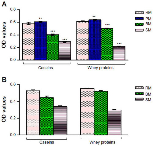 Figure 4 Milk protein-specific IgE levels in serum collected from mice sensitized with caseins and whey proteins of processed milk samples.