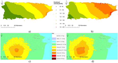 Figure 4. Datasets with refined features. Top: Hurricane Maria sustained wind speeds published (a) one day after event and (b) 7 days after event. Bottom: Indios Earthquake PGA published (c) 20 min after event and (d) 7 days after event.