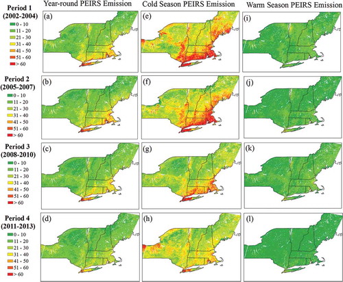 Figure 2. Year-round triennial-averaged PM2.5 emission estimates during (a) Period 1, (b) Period 2, (c) Period 3, (d) Period 4 in the Northeast U.S. Cold season triennial-averaged PM2.5 emission estimates during (e) Period 1, (f) Period 2, (g) Period 3, and (h) Period 4 in the Northeast U.S. Warm season triennial-averaged PM2.5 emission estimates during (i) Period 1, (j) Period 2, (k) Period 3, and (l) Period 4 in the Northeast U.S.