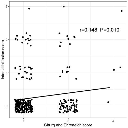 Figure 2. The correlation between Ehrenreich–Chrug scores and tubulointerstitial lesion score. Scatter plot in Spearman correlation analysis shows the correlation between the Ehrenreich–Chrug score and interstitial lesion score.
