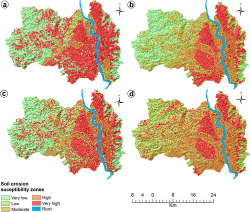 Figure 9. Spatial distribution of soil erosion susceptibility zones modeled by deep learning approaches: (a) CNN, (b) DNN, (c) FCNN, and (d) DNN-CNN.