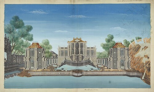 Figure 3. Unique hand-coloured plate from ‘Twenty Views of the European Palaces in the Garden of Perfect Brightness’, a set of 20 prints commissioned by the Qianlong Emperor in the 1760s. This set was purchased by Lord Lindsay from Bernard Quaritch in 1863. Chinese 457, plate 2a. Copyright The University of Manchester.