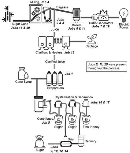 Figure 1. Diagram of sugar refining process annotated with job numbers referenced in results section. Adapted from Pantaleon Diagram of the Industrial Process at https://www.pantaleon.com/procesos/industrial-process/.