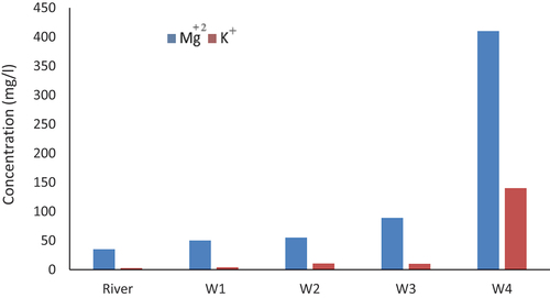 Figure 9. Concentrations of ,Mg+2, and K+for Euphrates River and pumped wells.