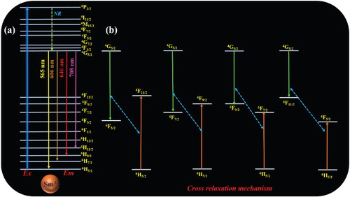 Figure 12. (a) Energy level diagram, and (b) cross-relaxation mechanism of the Sm3+ ion in the Li3BaSrLn3(MO4)8 lattice.