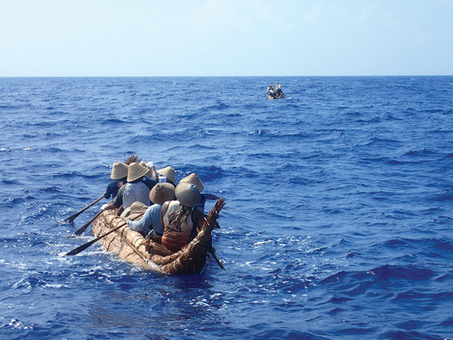 Figure 4. Experiment of reed-bundle rafts in 2016 at Yonaguni Island (Photograph by Yousuke Kaifu).