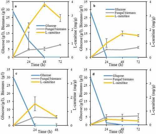 Figure 2. Profiles of L-carnitine yields, glucose consumption and biomass mass concentration during growth of ascomycetes and zygomycetes filamentous fungi, namely, (a) A. oryzae , (b) R. oryzae, (c) R. oligosporus, and (d) N. intermedia in the semisynthetic medium